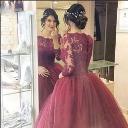 Wine Red Boat Neck Ball Gown African Wedding Dresses With Sleeves 2020 Lace Ruched Tulle Party Dress For Bride Vestidos De Novia