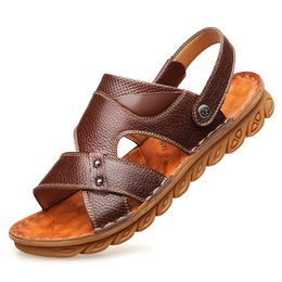 Hot Sale-Dad Sandals Men's Middle-aged Leather Soft Bottom Non-slip Beach Shoes 40 Summer Middle-aged 50 Years Old Summer Leather Sandals