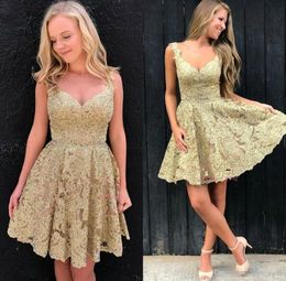 2019 Gold Full Lace Knee Length Homecoming Dresses Appliques V Neck Short Evening Party Cocktail Gowns Plus Size Cheap Under $100