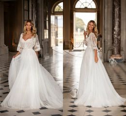 White Bohemian A Line Millanova Wedding Dresses Long Sleeve Square Tulle Lace Crystal Wedding Gowns Sweep Train robe de mariée