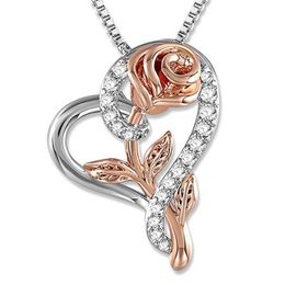 6Pcs /lots Love heart Rose With Rhinestone Pendant Couple necklace Valentine's Day Engagement party Jewelry gift