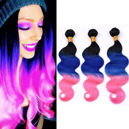 #1B/Blue/Pink Dark Root 3Tone Ombre Brazilian Human Hair Bundles Black Blue to Pink Ombre Body Wave Human Hair Weaves Wefts 10-30"