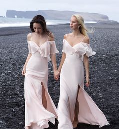 2019 Light Pink Boho Bridesmaid Dresses Cheap Side Split Off The Shoulder Juliet Sleeve Chiffon Country Wedding Guest Dress Formal Party