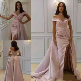 Unique Thigh High Slit Blush Party Formal Prom Evening Dresses Off The Shoulder Pleats Draped V Open Back Evening Gowns Vestidos De Noche