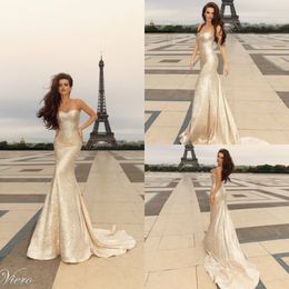 champagne gold evening dresses UK - Champagne Gold Evening Dresses Sweetheart Lace Glitter Sweep Train Sleeveless Luxury Mermaid Prom Dress Slim Fit Cocktail Gowns