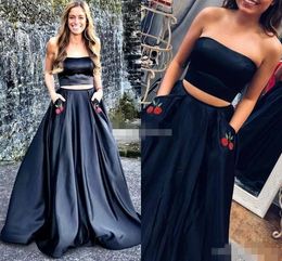 Simple Black Two Piece Prom Dresses With Pockets Satin Strapless Beaded Embroidery Custom Made Sweep Train Long Evening Gown Plus Size 403