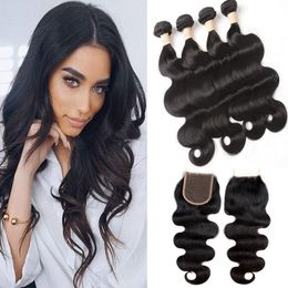 Peruvian Unprocessed Human Hair 4 Bundles With 4X4 Lace Closure Body Wave Hair Products 10-28inch Virgin Hair Wefts