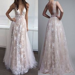Sexy Boho Deep V-neck Evening Dresses Illusion Lace Open Back Floor Length Party Gowns Beach Prom Dresses