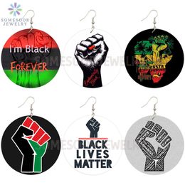 SOMESOOR Black Forever Power Fist Collections African Wooden Drop Earrings AFRO RASTA Sayings Designs Jewellery For Women Gifts