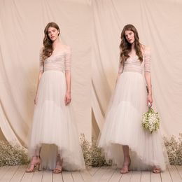 Divine Atelier Illusion Beach Wedding Dresses Off Shoulder Sequins Tulle A Line Wedding Dresses Sweep Train Boho Bridal Gowns