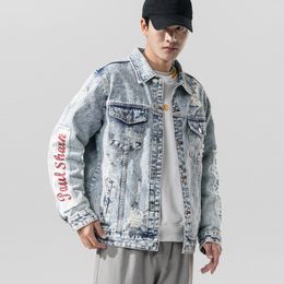 Men's Jackets autumn new mens washed white denim jacket slim fit cotton denim jacket washed white ripped hole jean coats men outwear plus size 5xl x0913 x0913