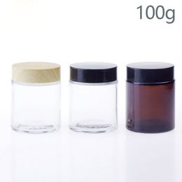 Empty Glass Cream Container Clear Amber Makeup Bottle 100g for Cosmetic Cream Lotion Pot with Black Cap Wood Grain Cap