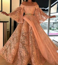 Abiti Yousef Evening Aijasmi Abito da ballo Manica lunga Gonna gonfia con spalle scoperte Abito da ballo in pizzo Zuhair Murad Kim Kardashian