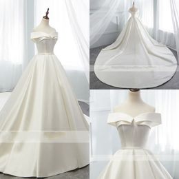 2019 Off The Shoulder Wedding Dresses Empire Waist Simple Satin Ribbon Lace-up Chapel Train Bridal Gowns Wedding Dress Party For Bride