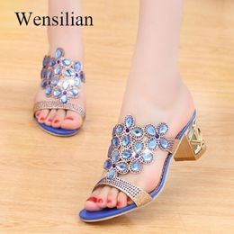 Designer Sandals Women 2018 Ladies Slides Women Slippers Sandals Summer Crystal Shoes Peep Toe Middle Heels Zapatos Mujer