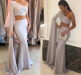 2019 Trendy Silver Satin Mermaid Evening Dresses Formal Gowns Sexy One Shoulder Long Sleeve Two Pieces Prom Dresses