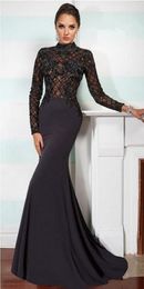 2019 Mermaid Evening Dresses Illusion Appliqued Beaded Lace Prom Gowns Black Sweep Train Plus Size Party Dress 429