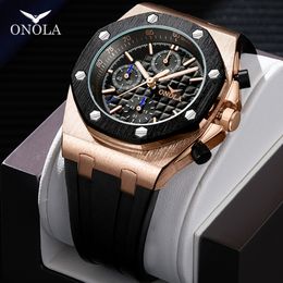 ONOLA brand fashion casual quartz mens watch chronograph Multifunction wristwatch all black gold metal waterproof watch for men