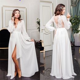 Plus Size Elegant Wedding Robes V-neck Long Sleeves Chiffon Appliqued Lace Comfortable Pajamas For Women Sweep Train Night Gown Cheap