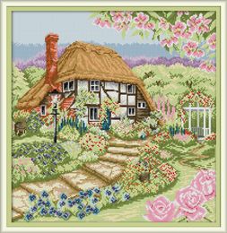 Rose Cottage home cross stitch kit ,Handmade Cross Stitch Embroidery Needlework kits counted print on canvas DMC 14CT /11CT