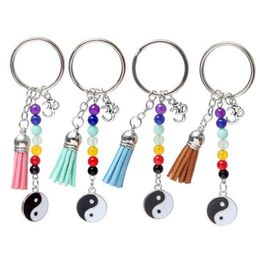 Personality Black Horse Seven Chakra Bead Creative Tassel Yoga 3D Tassel Tai Chi charm pendant key chain ring DIY Fit Keychain 447