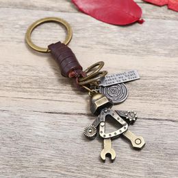 Vintage Men/Women Cute Robot Keychain Copper Alloy Genuine Leather Key Chains Hand Made Bag charm HCar Key Holder key rings birthday Present