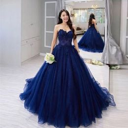 2020 Elegant Blue Evening Dresses Sweetheart Neck A Line Sweep Train Pretty Lace Appliqued Beaded Tulle Dresses Wear Evening Gowns