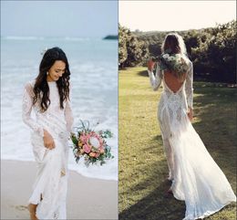 Amazing Boho Bohemian Wedding Dresses Beach 2022 Romantic Lace Long Sleeve Bateau V Open Back Bridal Dress Gowns Vestido De Novia