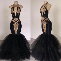 Black Prom Dresses with Gold Lace Decoration Mermaid Halter Neck Sweep Train South Africa Style Formal Evening Occasion Party Dresses