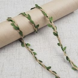 10m/lot Hemp Rope With Green Leaves vine wedding Decorated Rope DIY Hang Tag Cords rattan Party Fabric Woven Gift Packing String