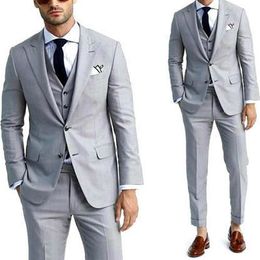 New Design Grey Mens Suits For Groom Tuxedos 2020 Peaked Lapel Slim Fit Blazer Three Piece Two Button Man Tailor Made Clothing