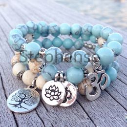 MG0664 2019 New Design Blue Turquoise Ohm Bracelet Natural 8 mm Turquoise Beads Yoga Mala Bracelet Tree of Life Lotus Charm Bracelet