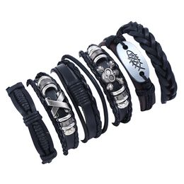 Fashion Woven Leather Bracelet Jewellery Skull Cross Alloy Men Casual Personality Beads Charms Vintage Punk Wrap Bangle for Women Gift Black