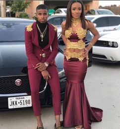 2019 sexy cheap plus size burgundy prom dresses gold lace appliques mermaid black girl two piece prom dress satin formal evening gowns