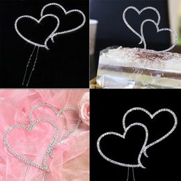 Romantic Crystal Rhinestone Double Heart Cake Topper Wedding Anniversary New Year Decoration Cake Decorating Supplies