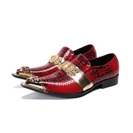 Leather Red New Fashion Genuine Dress Metal Pointed Toe Crystal Party Wedding Men Shoes Plus Size Business Oxford Shoe
