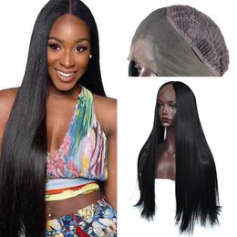 Long Straight Synthetic Lace Front Wig Heat Resistant Fiber Natural Black Hair Middle Part Free Part Wigs For Women 180 Density