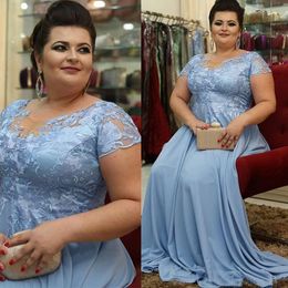 moder light blue plus size mother of the bride dresses chiffon short sleeve sheer neck evening formal gowns
