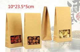 10*23.5*5cm Brown Kraft Paper Bellows Pocket Package Box W/ Window Stand Up Folded Accordion Pocket For Tea Snack candy gift