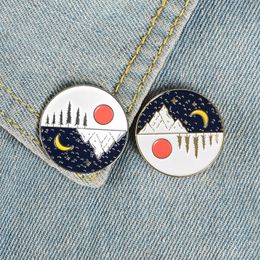 Beautiful scenery pin Sunrise Moon rise horizon enamel pins Star mountain brooches Round Lapel pin badges Shirt bag Jewellery gift for women