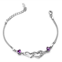 S925 Stamped Bracelets Double Heart 925 Sterling Silver Charm Fashion Crystal Diamond Chain Bracelet Jewellery for Women Girls Lady Girlfriend