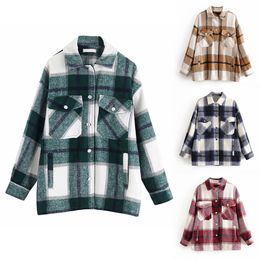 Plaid Overshirt Wool Blend Jacket Vintage Stylish Pockets Fashion Lapel Collar Long Sleeve Coat Casual Ladies Jacket Chic Tops