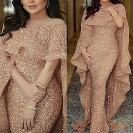 Shinning Arabic Mermaid Evening Dresses Long Sheer Neck Sequins Floor Length Middle East Prom Dress Formal Party Dress With Wraps Custom