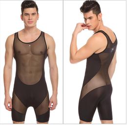 Wholesale Black Free Shipping men underwear spandex sexy tank tops mesh breathable bodysuit bodybuilding undershirt jumpsuit shorts