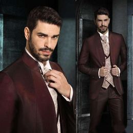 New Arrival Two Button Burgundy Groom Tuxedos High Neck Groomsmen Best Man Suits Mens Wedding Suits (Jacket+Pants) Custom Made