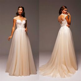 A-line Wedding Dresses High-neck Sleeveless Boho Bridal Gown Elegant Appliqued Lace Sweep Train Button Beach Robes De Mariée Custom Made