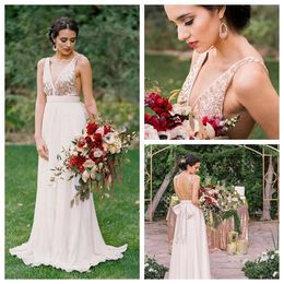 2020 Beach Wdding Dresses Sexy Backless Rose Gold Sequins Chiffon Floor Length Sash V Neck Straps Wedding Bridal Gown Vestido de novia