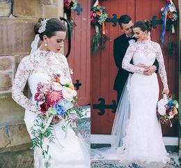 Long Sleeve High Neck Wedding Dresses Lace Floor Length Mermaid Modest Design Bridal Gowns for Outdoor Wedding 2019 Custom Made 93