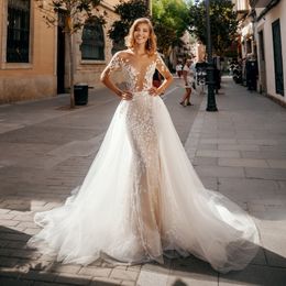 Amazing Lace Mermaid Backless Wedding Dresses With Detachable Train Sheer Bateau Neck Sequined Bridal Gowns Tulle Trumpet robe de mariée