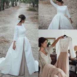 Country Wedding Dresses with Detachable Skrit Jewel Neck A Line Long Sleeves White Satin Champagne Bridal Gowns Vestido De Noiv